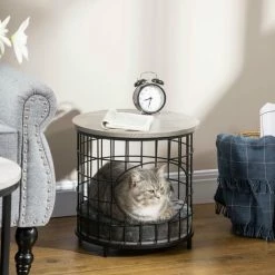 PawHut Panier Chat Cosy Grand Confort Table Basse 2 En 1 Coussin Amovible Acier Noir Panneaux Particules Aspect Bois Gris - Gris -PawHut Soldes Boutique 61063639 4