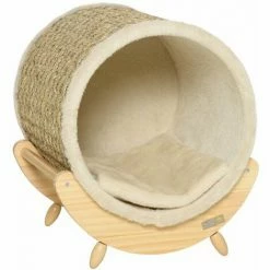 PawHut Maison Pour Chat Design - Niche Chat Panier Chat - Coussin, Grattoir Sisal Jonc De Mer Naturel Inclus - Bois Flanelle Beige - Beige