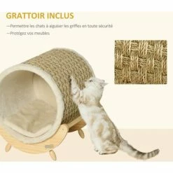 PawHut Maison Pour Chat Design - Niche Chat Panier Chat - Coussin, Grattoir Sisal Jonc De Mer Naturel Inclus - Bois Flanelle Beige - Beige -PawHut Soldes Boutique 63842204 5