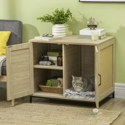 PawHut Meuble Maison De Toilette Pour Chat 2 En 1 Avec Double Porte Châssis Acier Panneaux Particules Aspect Bois Clair - Beige -PawHut Soldes Boutique 67360680 4