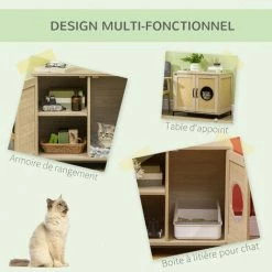 PawHut Meuble Maison De Toilette Pour Chat 2 En 1 Avec Double Porte Châssis Acier Panneaux Particules Aspect Bois Clair - Beige -PawHut Soldes Boutique 67360680 5