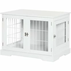 PawHut Cage Pour Chien Animaux Table D'appoint 2 En 1 - 2 Portes Verrouillables - Dim. 76L X 54,5l X 56H Cm - MDF Acier Blanc - Blanc