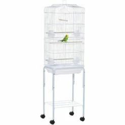 PawHut Cage à Oiseaux Sur Pied Volière Oiseaux Sur Roulettes Avec Toit Ouvrant 3 Perchoirs étagère Inférieure 46,5 X 36 X 157 Cm - Blanc