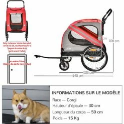 PawHut Remorque Vélo Jogger 2 En 1 Pour Animaux Drapeau Roue Avant Pivotante Réflecteurs Rouge Gris - Rouge -PawHut Soldes Boutique 68009484 3