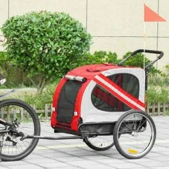 PawHut Remorque Vélo Jogger 2 En 1 Pour Animaux Drapeau Roue Avant Pivotante Réflecteurs Rouge Gris - Rouge -PawHut Soldes Boutique 68009484 4