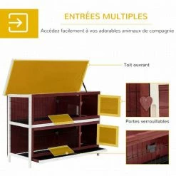 PawHut Clapier Sur Pieds Cage à Lapin Double Niveau Plateaux Excréments Coulissants 4 Portes Verrouillables Toit Ouvrant 136L X 50l X 93H Cm Rouge Brique - Rouge -PawHut Soldes Boutique 6812287 5