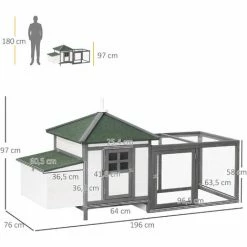 PawHut Poulailler Cottage Multi-équipement Perchoir Rampe Pondoir Enclos Tiroir à Déjection 196L X 76l X 97H Cm Bois Massif Pin Gris Blanc - Gris -PawHut Soldes Boutique 6812291 3