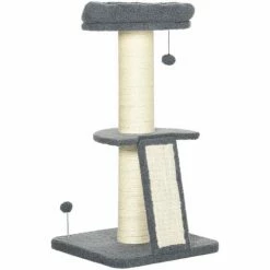 PawHut Arbre à Chat 3 Griffoirs Grattoirs Sisal Naturel Plateforme Panier 2 Boules Suspendues Peluche Haute Densité 220 G/m² Gris - Gris
