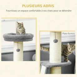 PawHut Arbre à Chat 3 Griffoirs Grattoirs Sisal Naturel Plateforme Panier 2 Boules Suspendues Peluche Haute Densité 220 G/m² Gris - Gris -PawHut Soldes Boutique 69767316 4