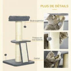 PawHut Arbre à Chat 3 Griffoirs Grattoirs Sisal Naturel Plateforme Panier 2 Boules Suspendues Peluche Haute Densité 220 G/m² Gris - Gris -PawHut Soldes Boutique 69767316 5