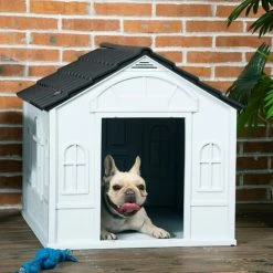 PawHut Niche Chien Style Cottage Dim. 65L X 75l X 63H Cm - Motifs Fenêtres, Porte, Aération - PP Blanc Gris - Blanc -PawHut Soldes Boutique 70300263 5