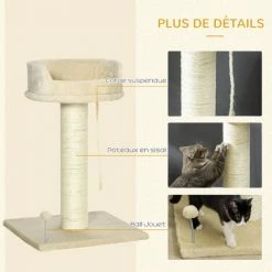 PawHut Arbre à Chat Griffoir Grattoir Sisal Naturel Plateforme D'observation Corde D'escalade Boule à Ressort Peluche Beige - Beige -PawHut Soldes Boutique 71058170 5