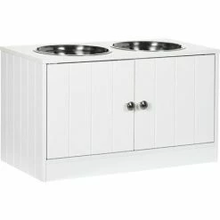 PawHut Gamelle Double Chien Chat - Porte-gamelles Surélevé Armoire 2 En 1 - 2 Portes, 2 Gamelles - MDF Blanc Acier Inox. - Blanc