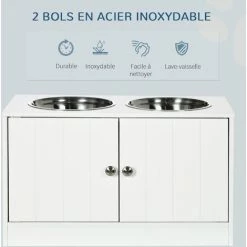 PawHut Gamelle Double Chien Chat - Porte-gamelles Surélevé Armoire 2 En 1 - 2 Portes, 2 Gamelles - MDF Blanc Acier Inox. - Blanc -PawHut Soldes Boutique 71059956 4