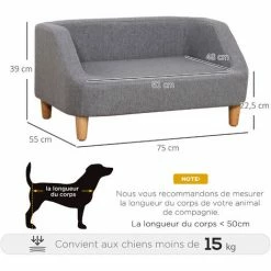 PawHut Canapé Chien Lit Pour Chien Design Scandinave Déhoussable Dim. 75L X 55l X 39H Cm Pieds Bois Tissu Polyester Gris - Gris -PawHut Soldes Boutique 72276201 3