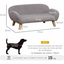 PawHut Canapé Chien Lit Pour Chien Design Scandinave Déhoussable Dim. 72L X 44l X 31H Cm Pieds Bois Tissu Polyester Gris - Gris -PawHut Soldes Boutique 72276242 3