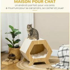 PawHut Maison Pour Chat Design Hexagonal - Niche Chat Panier Chat - Coussin Fourrure Amovible, Grattoir Jute Naturelle - Contreplaqué Aspect Bois Clair - Beige -PawHut Soldes Boutique 72845740 5