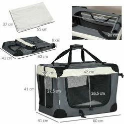 PawHut Sac De Transport Pour Chien Et Chat Pliable - Poignée, 3 Entrées Zippées, Poche - Coussin Amovible Inclus - Acier Oxford Polyester Gris Noir - Gris -PawHut Soldes Boutique 72845742 3