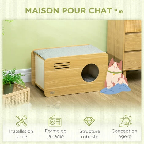 PawHut Maison pour chat design poste de radio - niche chat panier chat - 2 coussins + grattoir sisal amovibles - MDF panneaux aspect bois clair - Beige PawHut Maison Pour Chat Design Poste De Radio - Niche Chat Panier Chat - 2 Coussins + Grattoir Sisal Amovibles - MDF Panneaux Aspect Bois Clair - Beige -PawHut Soldes Boutique 72845751 4
