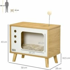 PawHut Maison Pour Chat Design Poste De Télévision - Niche Chat Panier Chat - 2 Coussin Amovible, Boule à Ressort - Panneaux Aspect Bois Clair Blanc - Beige -PawHut Soldes Boutique 72845754 3