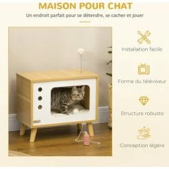 PawHut Maison Pour Chat Design Poste De Télévision - Niche Chat Panier Chat - 2 Coussin Amovible, Boule à Ressort - Panneaux Aspect Bois Clair Blanc - Beige -PawHut Soldes Boutique 72845754 4