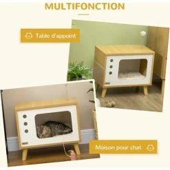 PawHut Maison Pour Chat Design Poste De Télévision - Niche Chat Panier Chat - 2 Coussin Amovible, Boule à Ressort - Panneaux Aspect Bois Clair Blanc - Beige -PawHut Soldes Boutique 72845754 5