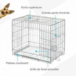 PawHut Cage Pour Chien Pliable - Plateau Excrément Coulissant - 2 Portes Verrouillable, Poignée - Dim. 61L X 43l X 50H Cm - Fer Galvanisé PP Blanc - Blanc -PawHut Soldes Boutique 72873193 4