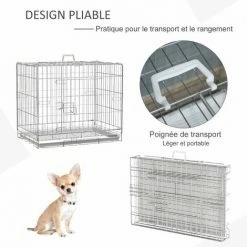 PawHut Cage Pour Chien Pliable - Plateau Excrément Coulissant - 2 Portes Verrouillable, Poignée - Dim. 61L X 43l X 50H Cm - Fer Galvanisé PP Blanc - Blanc -PawHut Soldes Boutique 72873193 5