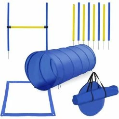 PawHut Agility Sport Pour Chiens équipement Complet Obstacle, Tunnel, Slalom, Zone Repos + Sac De Transport Bleu Jaune - Bleu